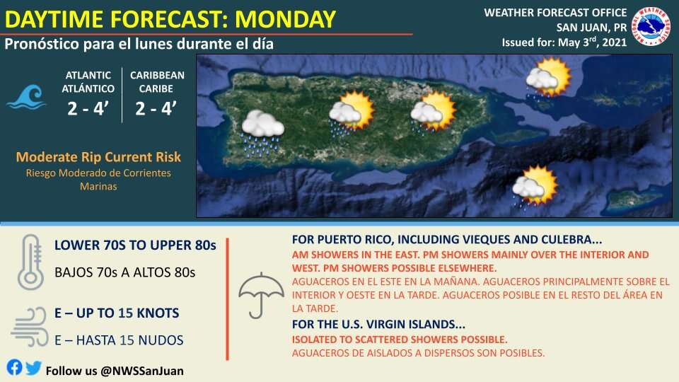 Se esperan aguaceros en el este, interior y suroeste de la Isla