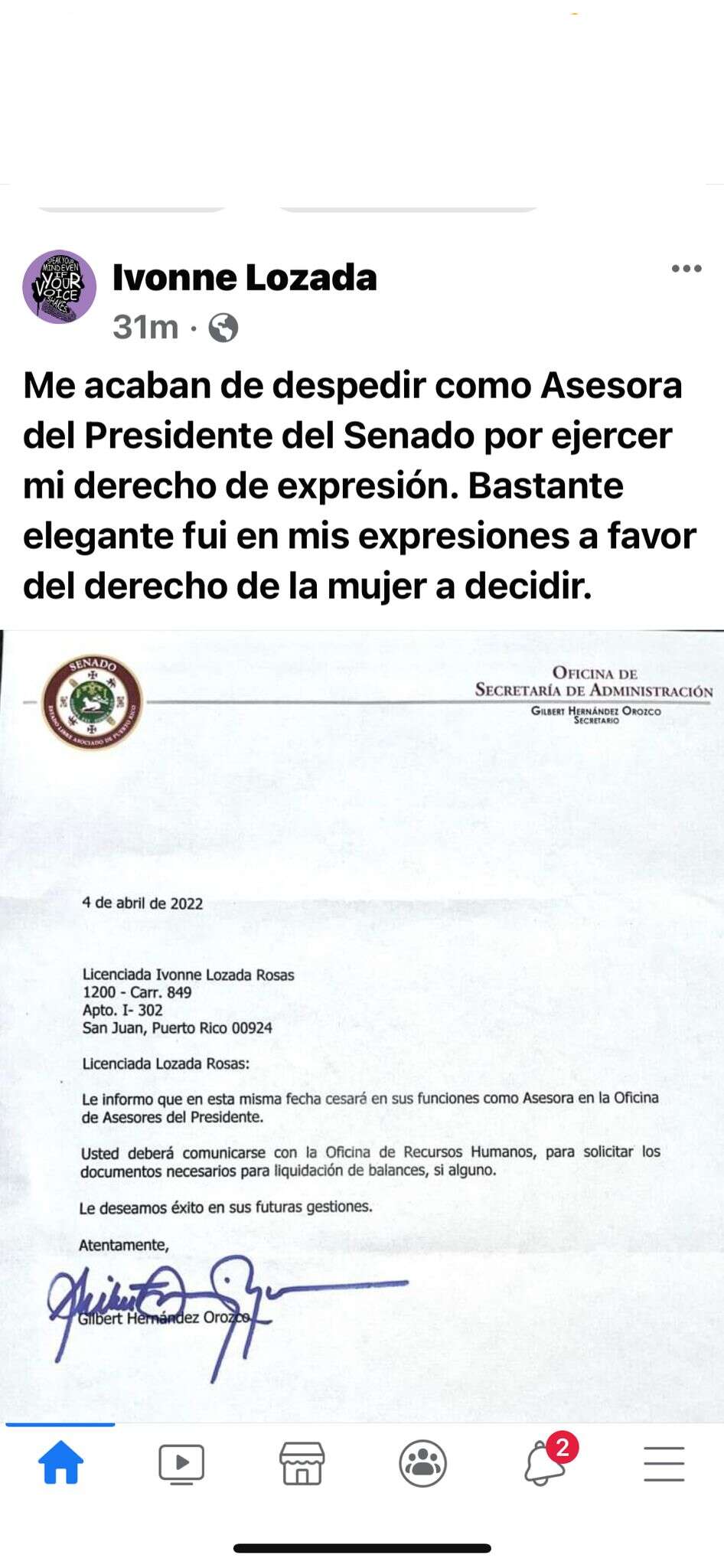 Asesora del presidente del Senado alega fue despedida por estar en contra de medida sobre el aborto
