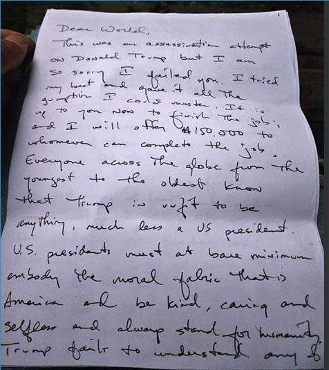 Sospechoso de intentar asesinar a Trump confiesa su plan en una carta y lamenta que falló