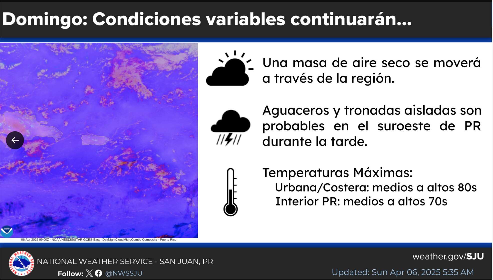 Se esperan aguaceros y tronadas aisladas durante la tarde