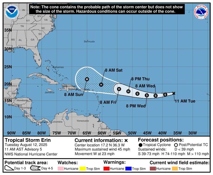 Tormenta tropical Erin avanza hacia el oeste y podría convertirse en huracán esta semana