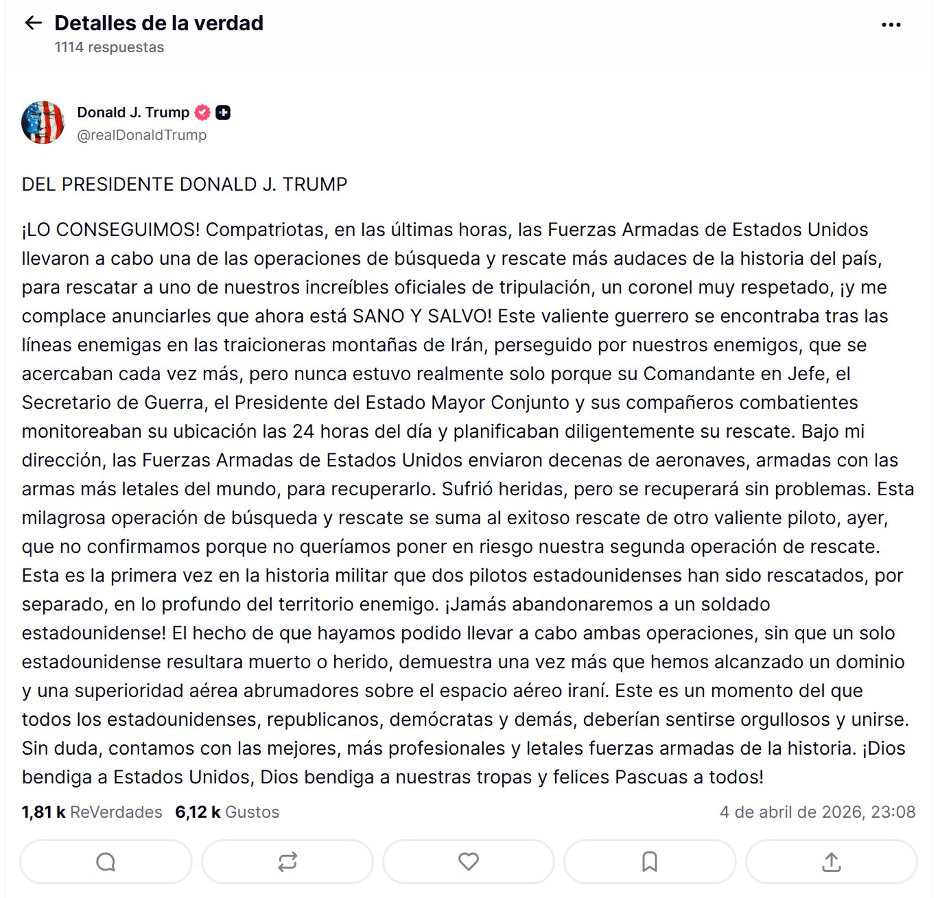 Estados Unidos rescató con vida al piloto de avión derribado en Irán