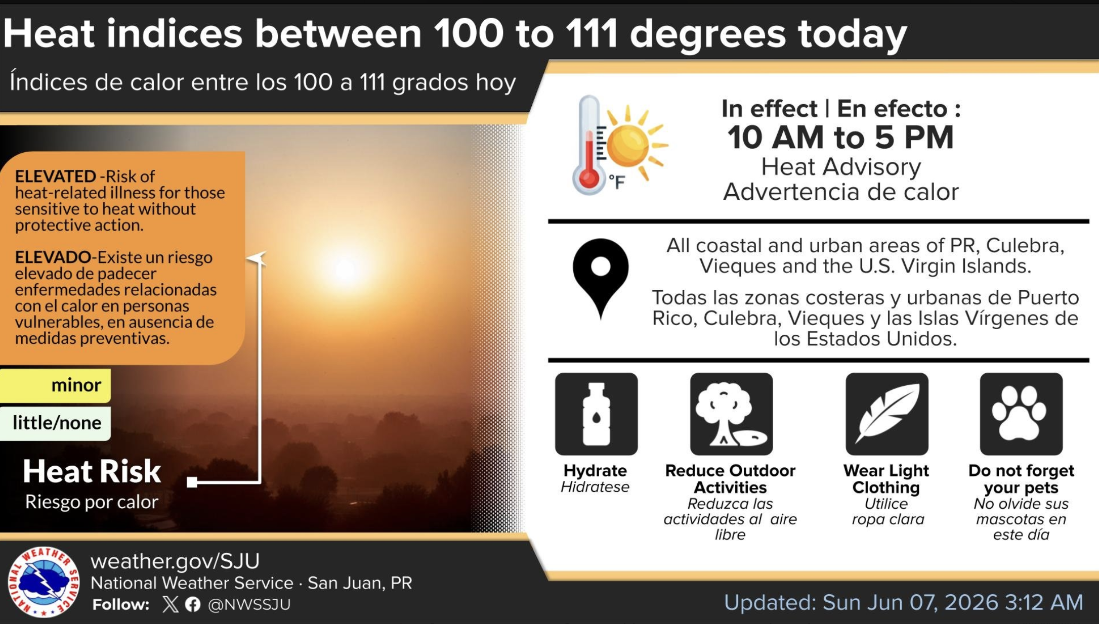 Advertencia de calor en zonas costeras de PR con índices de hasta 114°F