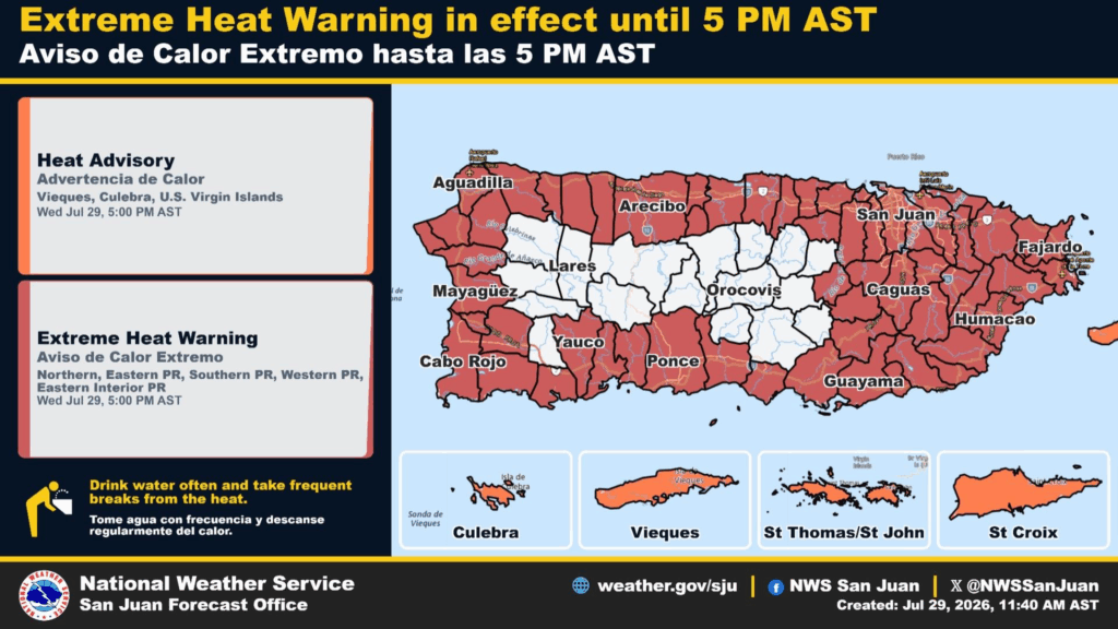Elevan a advertencia extrema el aviso de calor para gran parte de Puerto Rico
