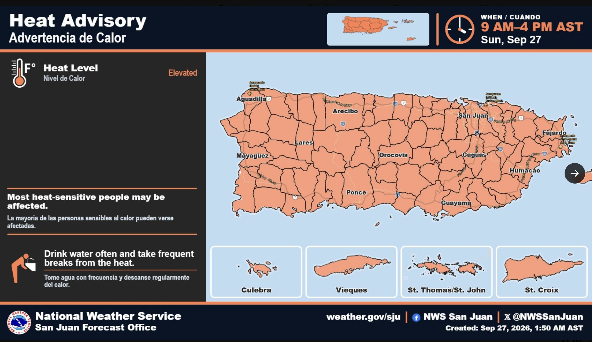 Emiten advertencia de calor para todo Puerto Rico